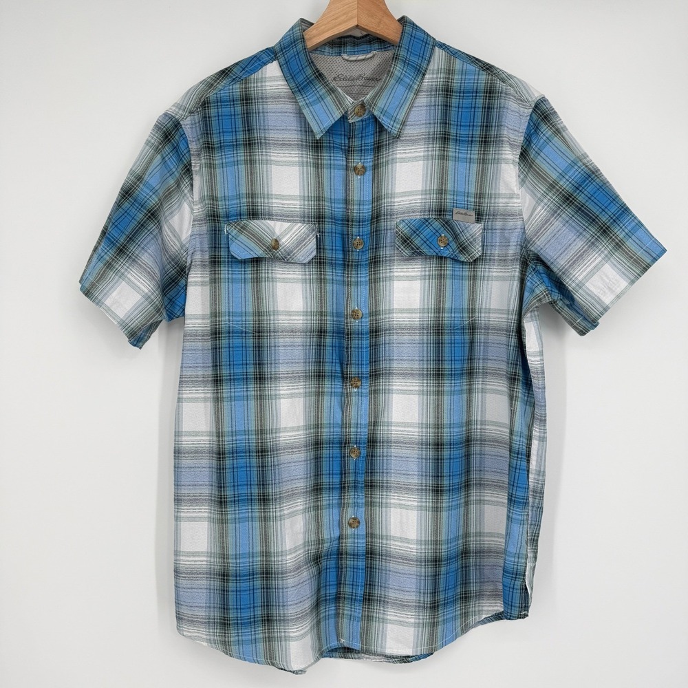 Eddie Bauer Men's Outdoor Blue Plaid Button Front Short Sleeve‎ Shirt Size M